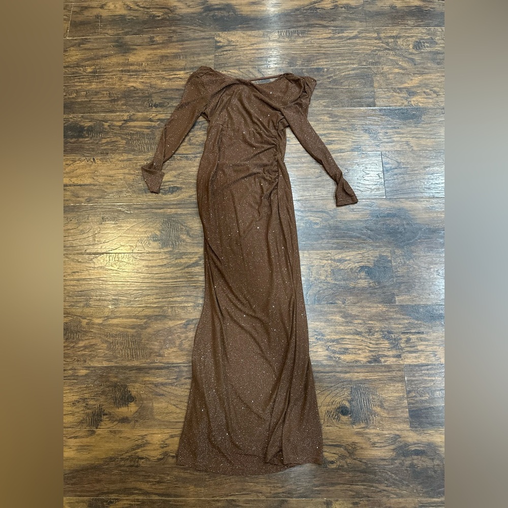 Maternity Shimmering Brown Backless Dress - Picture 3 of 6